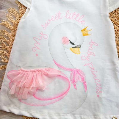 Conj. Blusa My Sweet Little  e Legging Cisnes- Rosa e Off White
